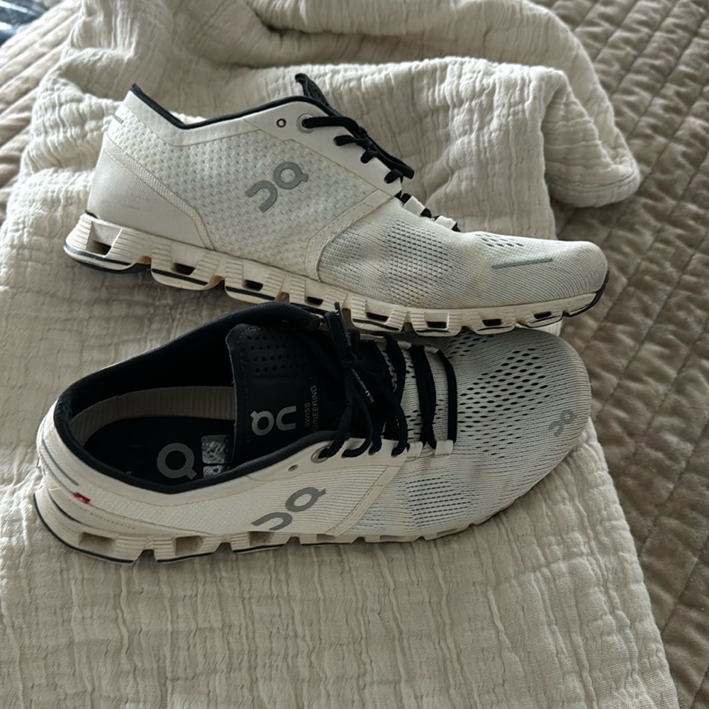 Off white OC on cloud tennis shoes.